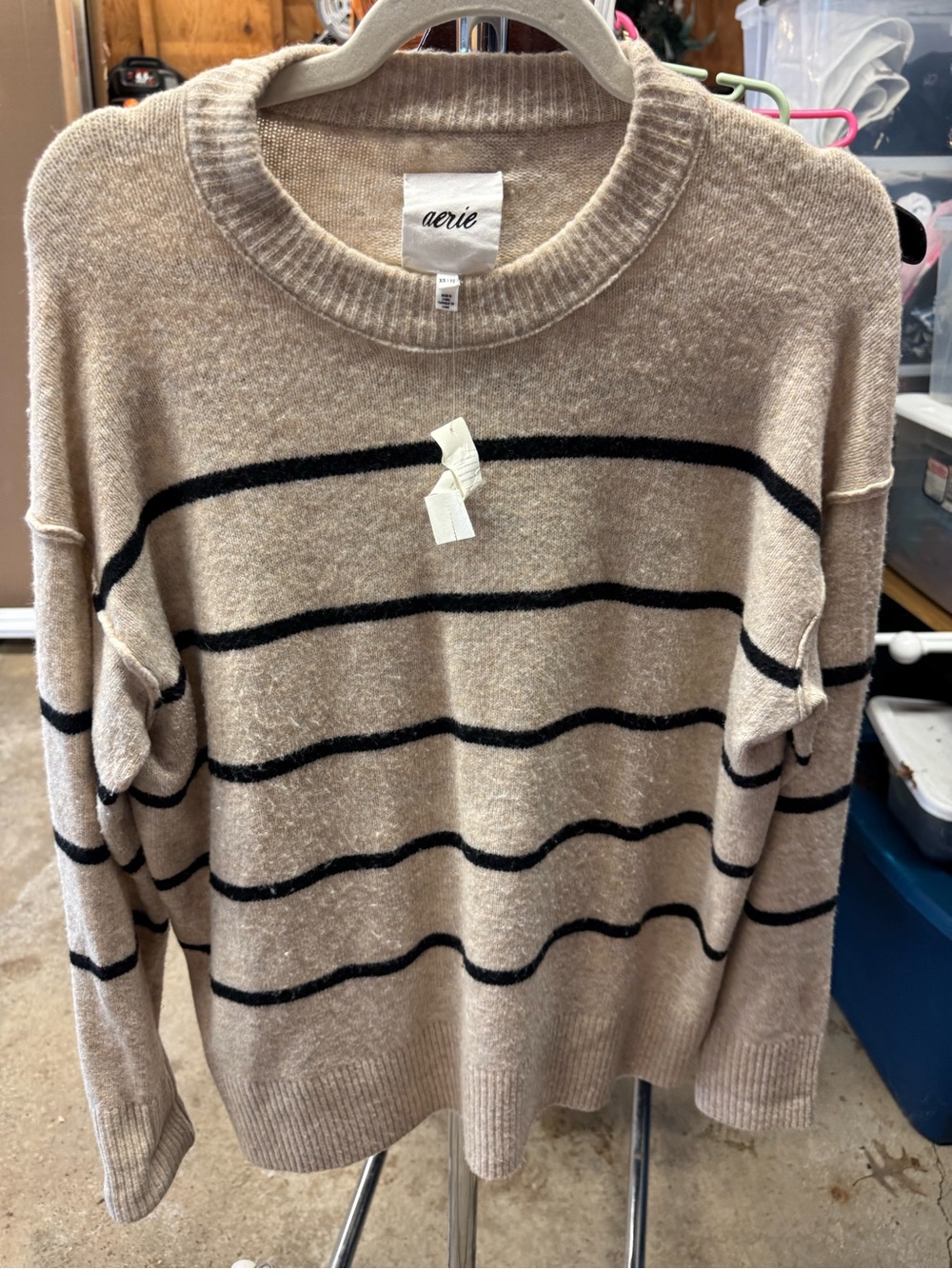 NWT Aerie Women's Tan & Black Striped Crewneck Sweater